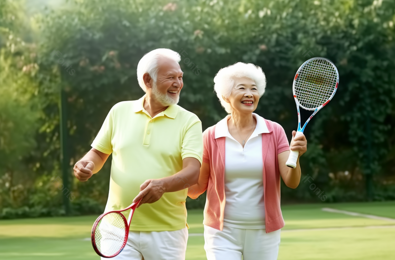 白发幸福的老年夫妇打羽毛球摄影图,高清,摄影图,摄影图片,图片大全,摄影图免费下载